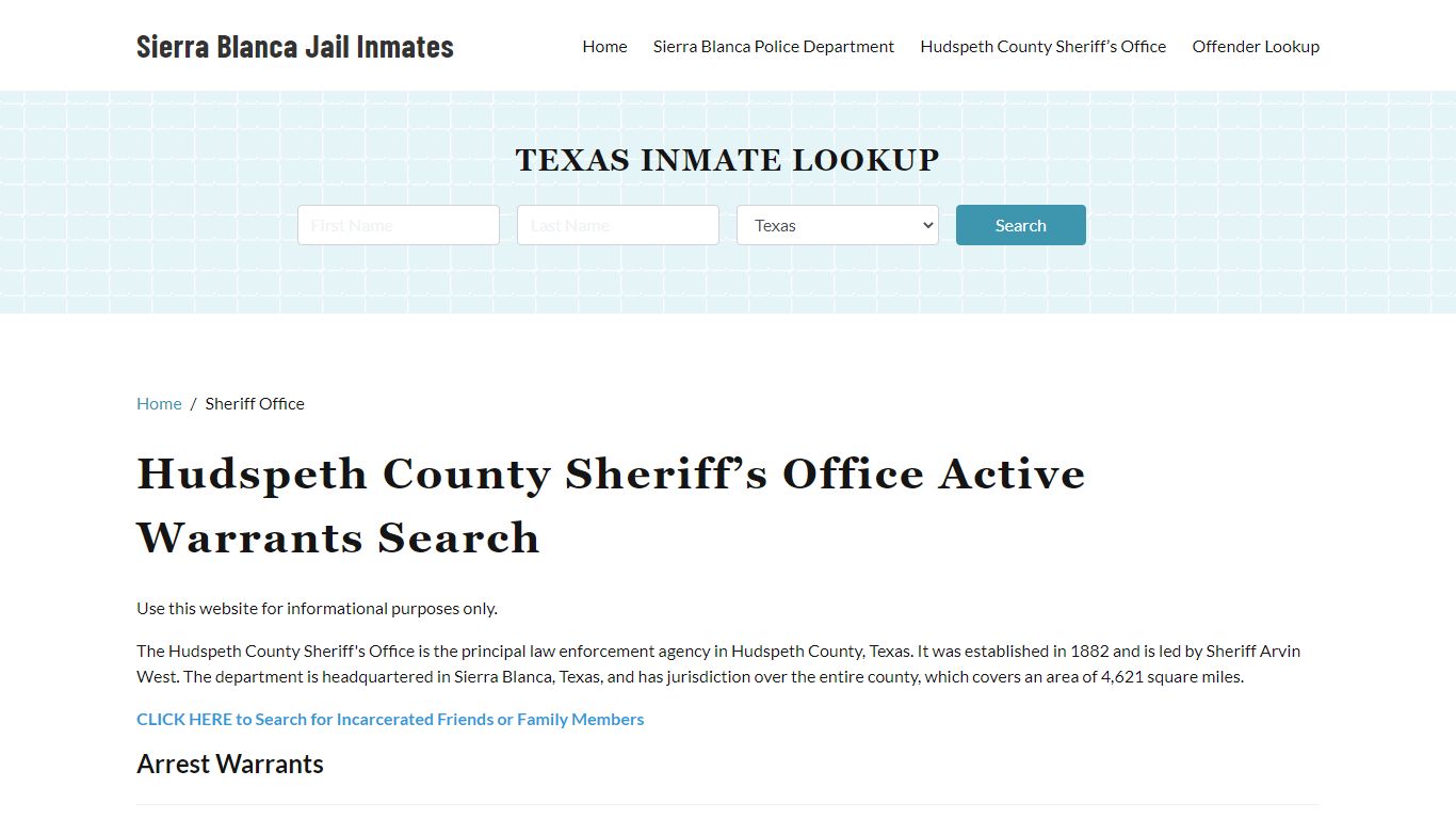 Hudspeth County Sheriff Office, TX Warrant Lookup - Sierra Blanca Jail